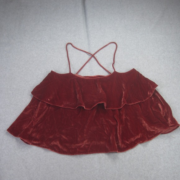 Madewell Tank Womens Small Rust Red Velvet Ruffle Cold Shoulder Spaghetti Top - Picture 5 of 13